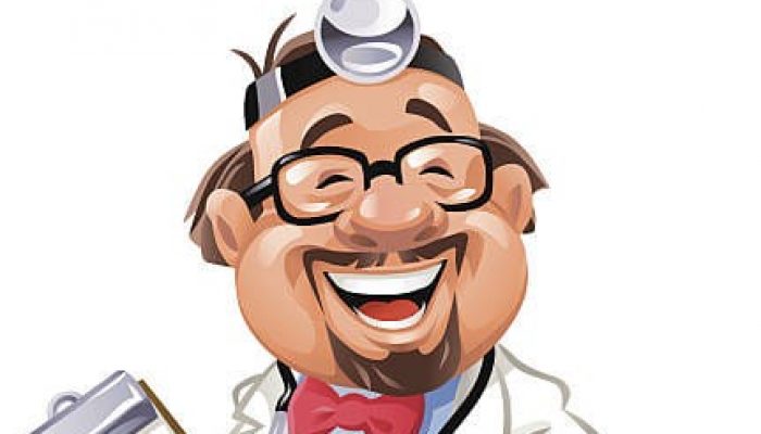 Illustration of a happy lauging cartoon doctor with a stethoscope holding a clipboard and a doctor's bag.