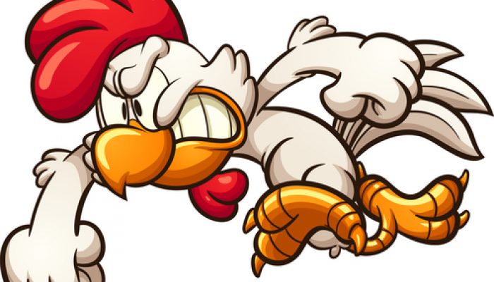 Angry cartoon chicken throwing a punch. Vector clip art illustration with simple gradients. All in a single layer.