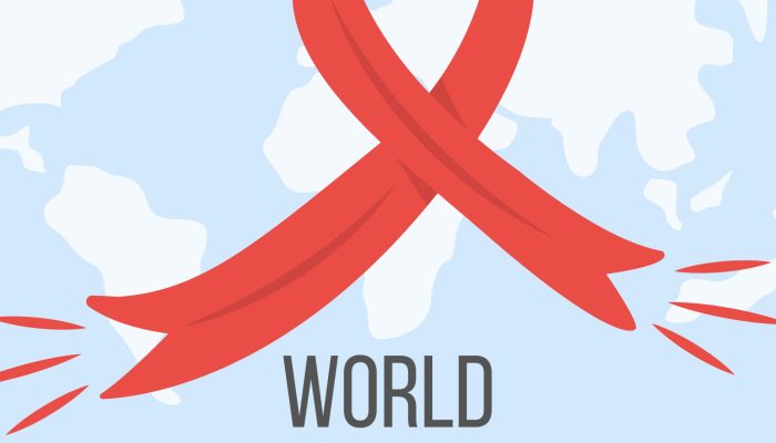 World AIDS day banner with big red ribbon on world map on background. Poster for National HIV and AIDS Awareness Day. Red ribbon cancer awareness symbol. Flyer. Vector illustration